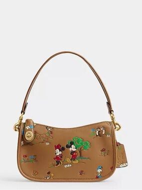 Coach Brown Leather Shoulder Bag with Mickey & Friends Print